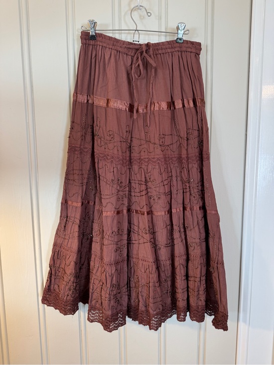 Signature Dresses & Skirts - NWT Signature Y2K Boho Embroidered Beaded Tiered Maxi Skirt Brown M